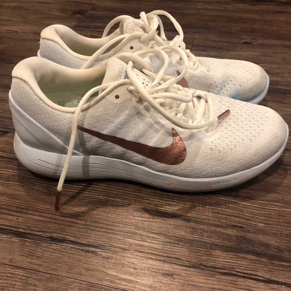 Nike Lunarlon White with rose gold swoosh